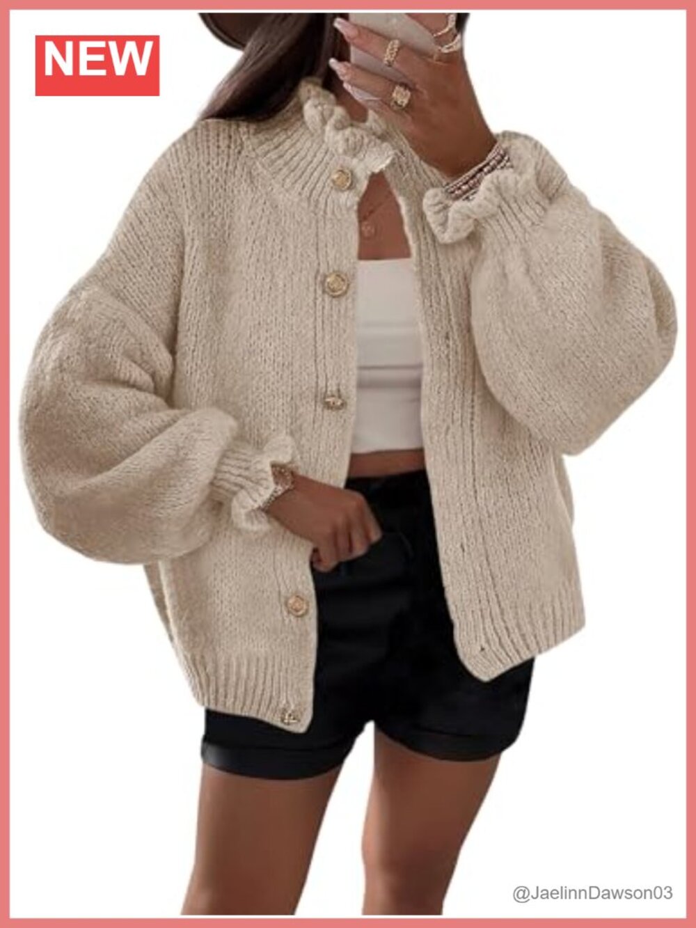 Oversized Ruffle Button Up Ribbed Knit Cardigan Long Sleeve Loose Fit